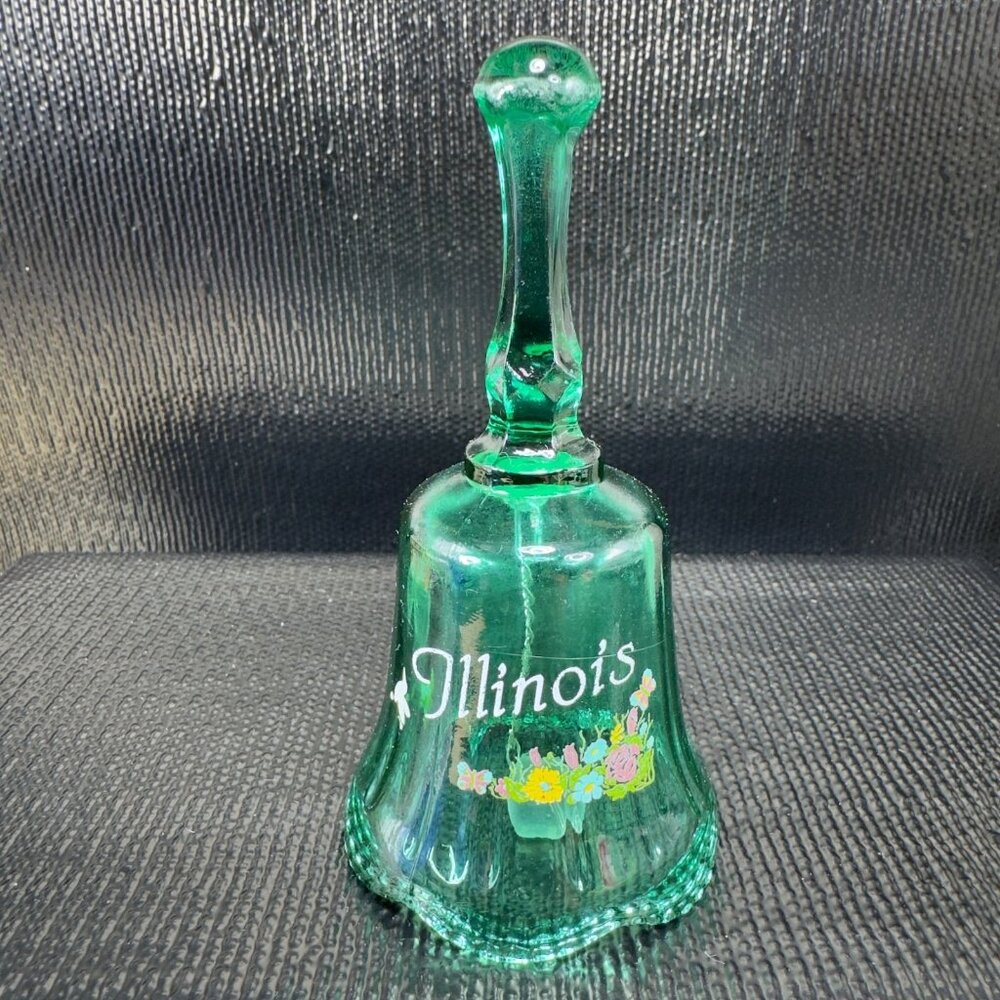 Vintage Illinois State Green Glass Bell Applied Flowers Glassware Figurine Decor